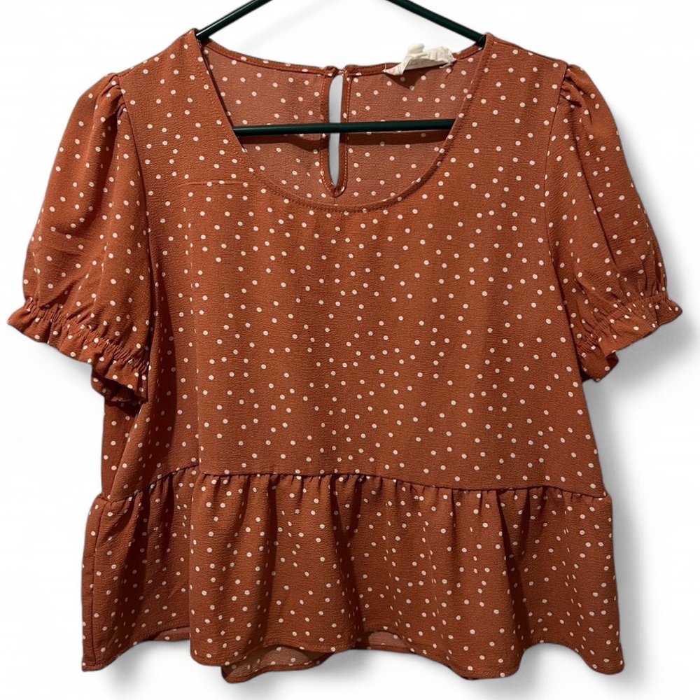 Hippie Rose Pink & White Puff Sleeve Polka Dot Blouse Womens Babydoll Top Large